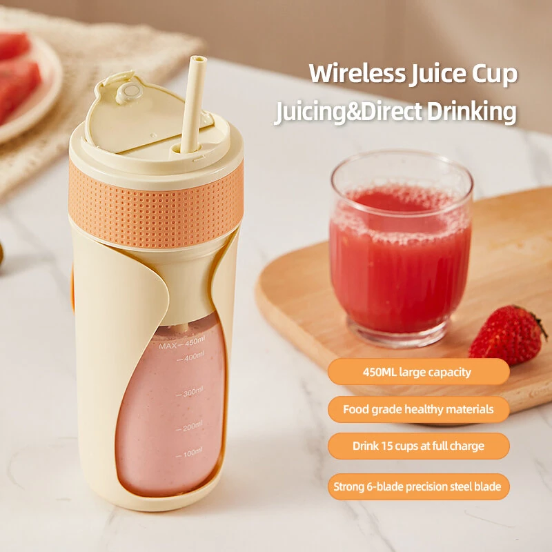 (image for) 450ML Small Portable Multi-function Juicer Cordless Electric Juicing Cup with Removable Straw Strong 6-Blade Precision Steel Blade